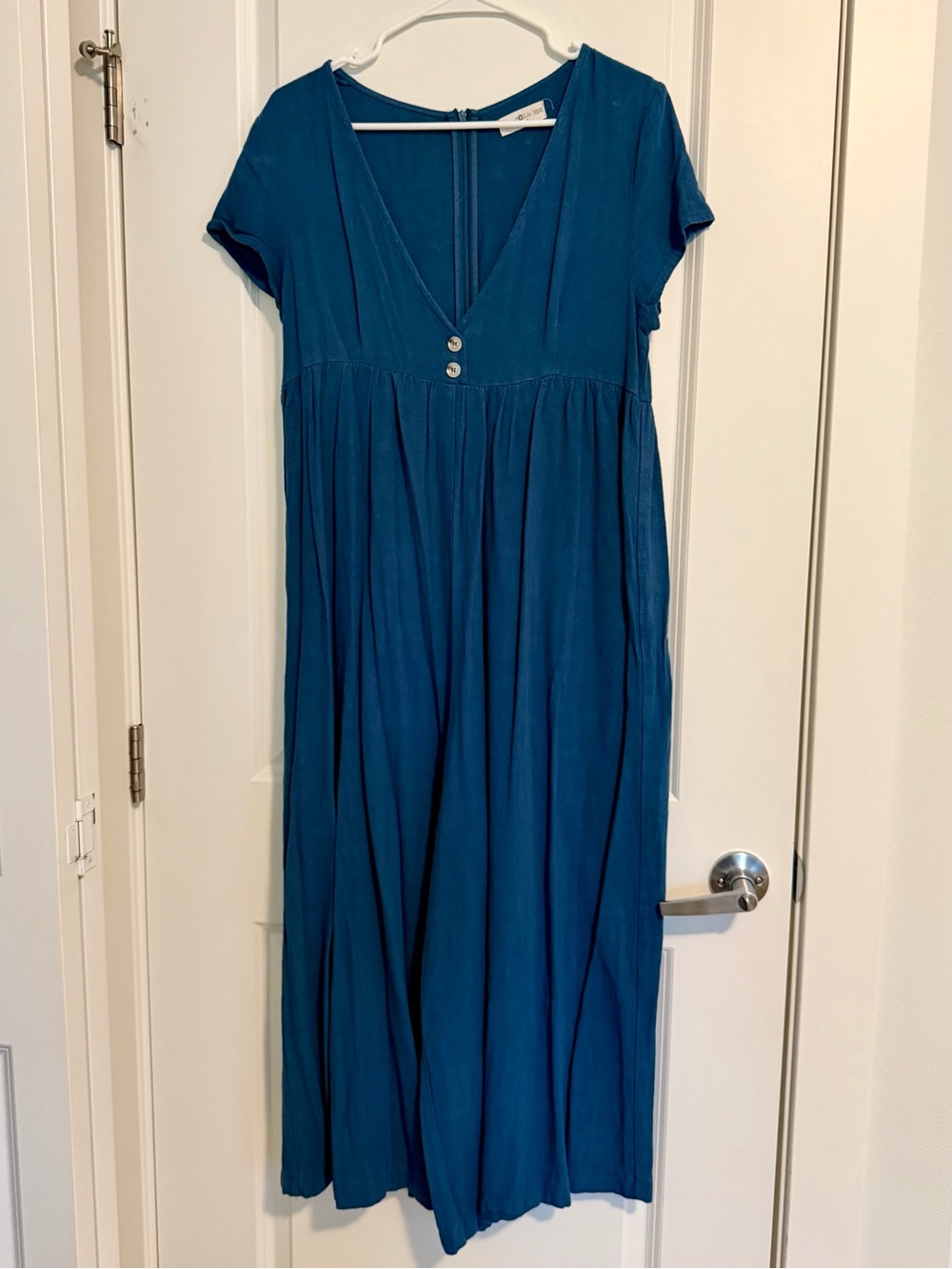 Women's Blue V-Neck Jumpsuit with Short Sleeves